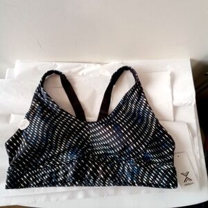 Xersion Train Sports Bra XXL Bias Dots Black Blue Quick-Dri Removable Pads NWT